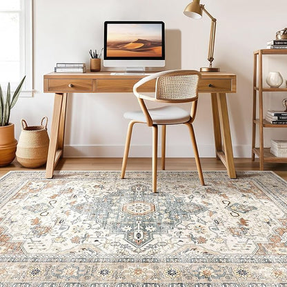 10x13 Area Rug Living Room: Washable Boho Large Neutral Vintage Soft Rugs Stain Resistant Distressed Farmhouse Non-Slip Indoor Floor Carpet for Bedroom Nursery Kids Office Dining Room- Beige Blue