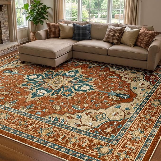 RELEANY Area Rugs 7'x9' Washable Non-Slip, Floral Vintage Distress Print Pattern Medallion Carpet for Living Room Bedroom Dining Room, Red Orange Blue Brown