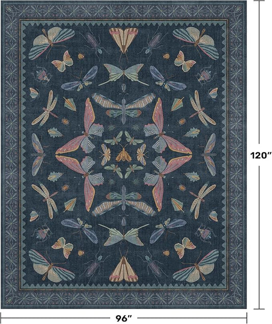 8x10 Large Farmhouse Rugs for Living Room - Unique Washable Area Rug for Bedroom, Dining Room Under Table, Boho & Insect Design, Vintage Moth Décor, Low Pile Soft Carpet (Dark Blue)