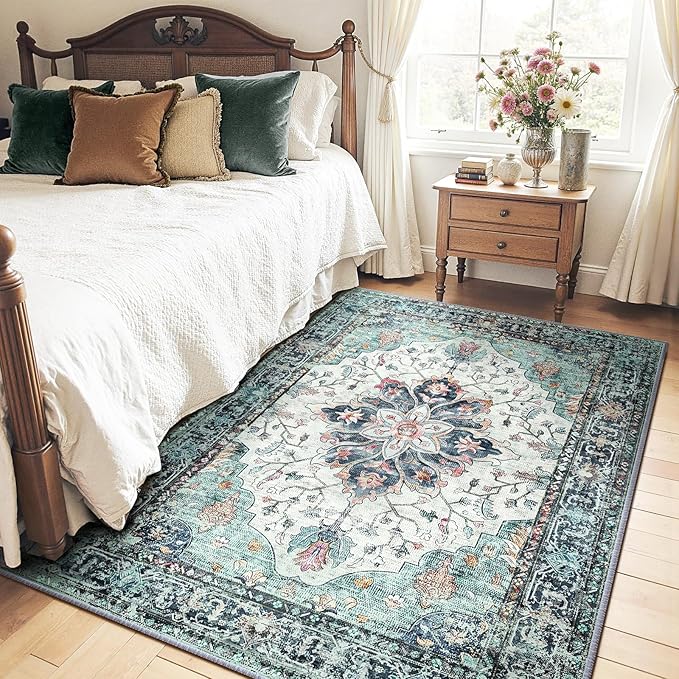 RELEANY Area Rugs 4'x5' Washable Non-Slip, Floral Vintage Distress Print Pattern Medallion Carpet for Living Room Bedroom Dining Room, Green Navy Blue White Red Teal Colorful