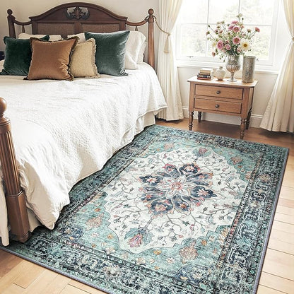 RELEANY Area Rugs 4'x5' Washable Non-Slip, Floral Vintage Distress Print Pattern Medallion Carpet for Living Room Bedroom Dining Room, Green Navy Blue White Red Teal Colorful