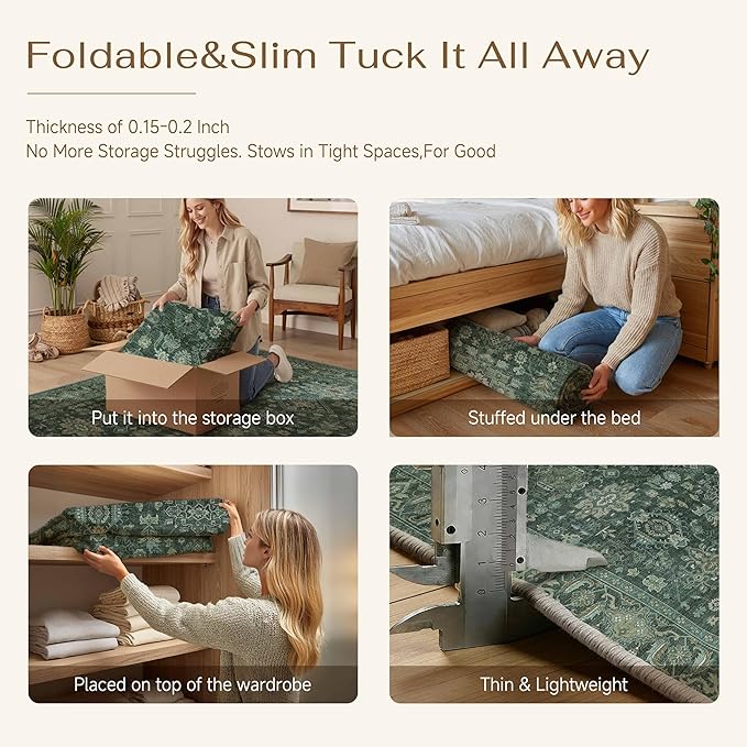 5x7 Washable Area Rug for Living Room Bedroom Vintage Green Soft Low Pile Carpet Traditional Retro Non Slip Throw Rug for Dining Room Entryway Indoor Dorm Kitchen