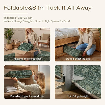 9x12 Washable Area Rug for Living Room Bedroom Vintage Green Non Slip Carpet Traditional Retro Soft Low Pile Large Throw Rug for Dining Room Kitchen Office Indoor