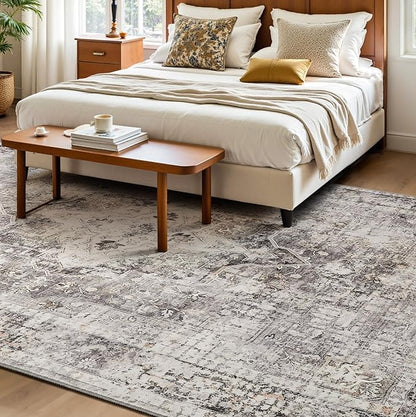 YOH Boho Washable Rug 8x10, Charcoal Gray Vintage Non Slip Area Rug, Distressed Indoor Carpet for Living Room Bedroom Kitchen Office