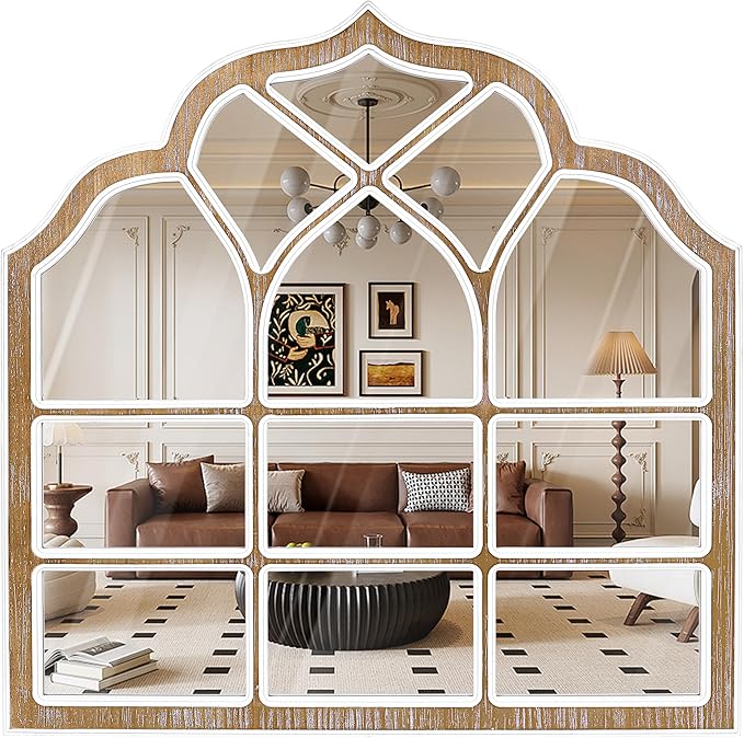 36x36 Inch Window Pane Wall Mirror, Farmhouse Gothic Arched Mirror, Rustic Decorative Cathedral Mirror for Living Room Entryway Home Decor