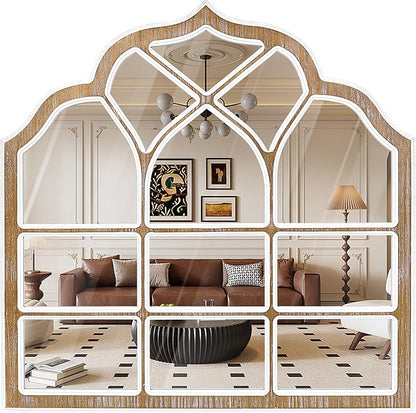 36x36 Inch Window Pane Wall Mirror, Farmhouse Gothic Arched Mirror, Rustic Decorative Cathedral Mirror for Living Room Entryway Home Decor