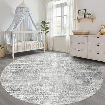 7ft Round Rug Living Room: 7x7 Washable Large Neutral Grey Circle Area Rug Abstract Soft Modern Stain Resistant Indoor Floor Non-Slip Carpet for Bedroom Nursery Kids Office Playroom Dining Room