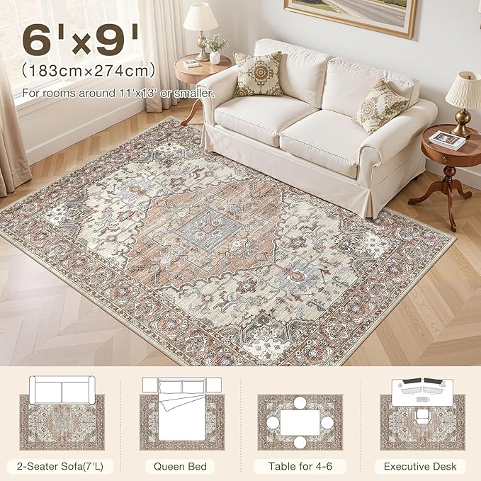 6x9 Washable Area Rugs for Living Room: Non Slip Vintage Brick Red Rug, Large Soft Stain Resistant Indoor Floor Carpets for Bedroom Dining Room Nursery Home Office Kid & Pet Friendly