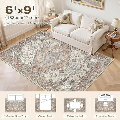 6x9 Washable Area Rugs for Living Room: Non Slip Vintage Brick Red Rug, Large Soft Stain Resistant Indoor Floor Carpets for Bedroom Dining Room Nursery Home Office Kid & Pet Friendly