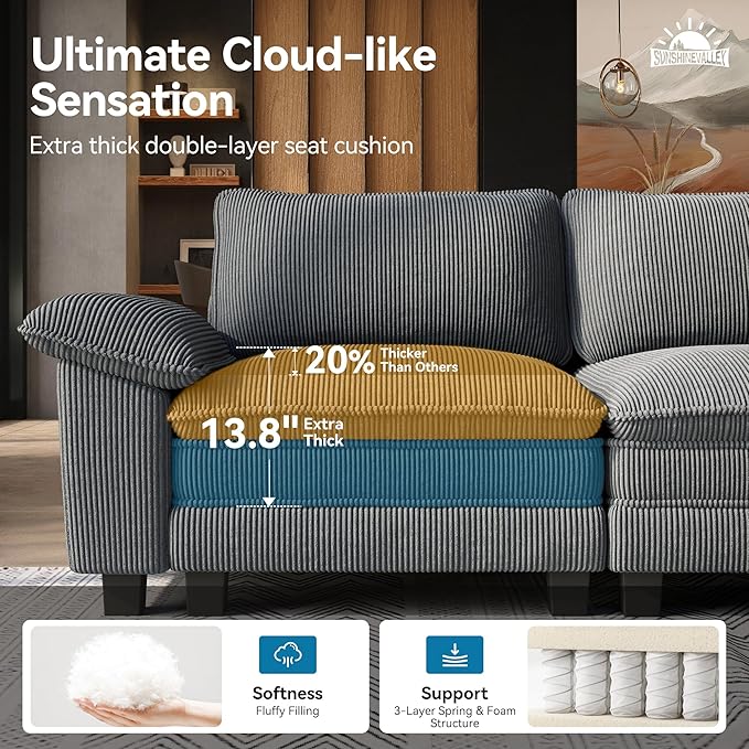 SUNSHINE VALLEY 3 Seat Modular Sofa, 123.6'' Oversized Modern Corduroy Sectional Couch with Removable Armrest and Pillow, Upholstered Cloud Deep Seat Sofa for Living Room, Grey