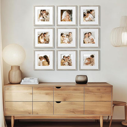 eletecpro 12x12 Picture Frames Set of 9 with Mat for 8x8 Photos or without Mat for 12x12, Square Gallery Wall Decor Collage for Picture Display, Beige Drift Wood Frame Set for Wall Hanging