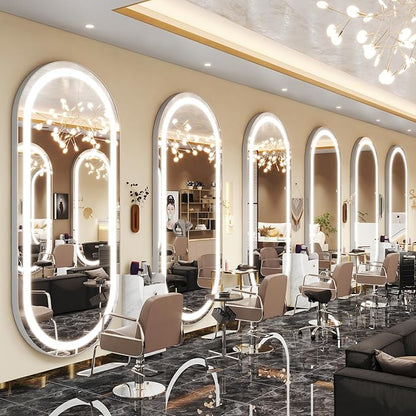 FENNIO 71" x 32" Large Wall Mounted Mirror with LED Lights, Oval Full Length LED Lighted Full Body Dressing Mirror for Bedroom, Salon, Brushed Aluminum Frame, Tempered Glass