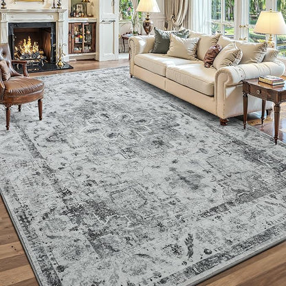 YOH Boho Washable Rug 6x9, Light Gray Vintage Non Slip Area Rug, Distressed Indoor Carpet for Living Room Bedroom Kitchen Office