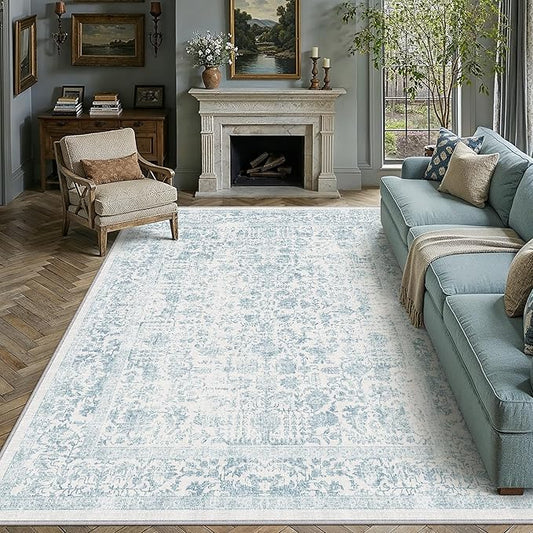 PureCozy Blue Area Rug 6x9 Soft Washable Vintage Living Room Distressed Non Slip Carpet Traditional Indoor Bedroom Retro Floral Accent Throw Large Rug for Office Kitchen Dining Room