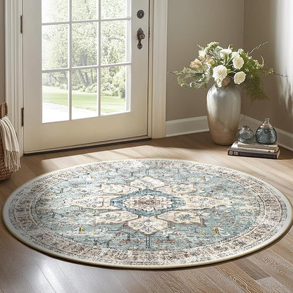 BESTSWEETIE 6ft Area Rug Washable Rugs for Living Room, No Pile Boho Carpet for Entryway Bedroom Dinning Room, Vintage Carpet Print Distressed Non-Slip, 72" Round, Green Brick Rust Red