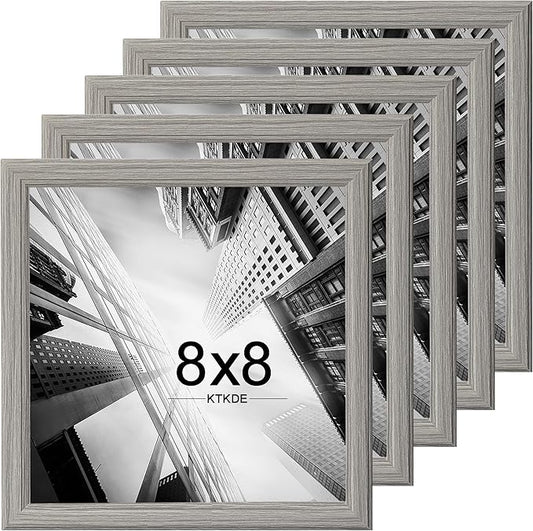 KTKDE 8x8 Picture Frame Set of 5, Wooden frames Grey, Wall Hanging for Tapletop Display, Best Square Photo Frame Studio Gallery for Photos, Posters & Art Prints