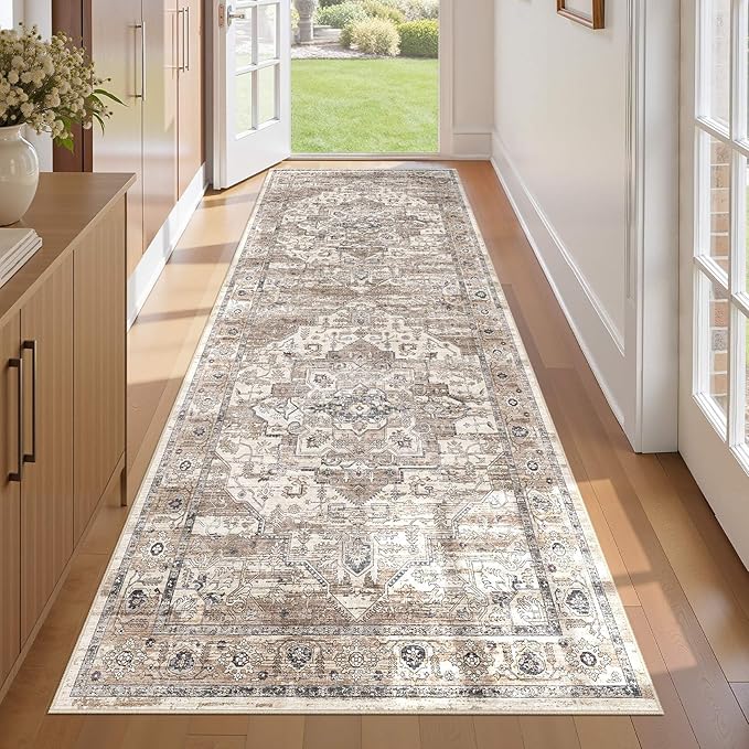 3x8 Washable Runner Rug :Hallway Runner with Non Slip Backing Farmhouse for Bedroom Bathroom Living Room Rug Vintage Large Soft Entryway for Kitchen Laundry Room Stain Resistant Carpet-Tea Brown