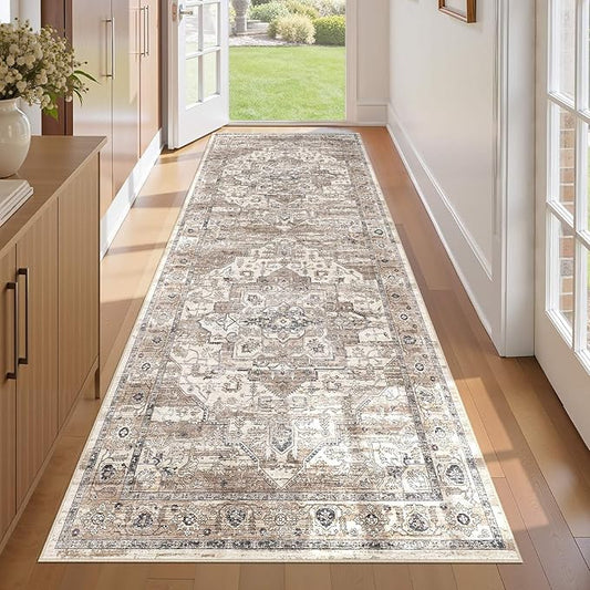 3x8 Washable Runner Rug :Hallway Runner with Non Slip Backing Farmhouse for Bedroom Bathroom Living Room Rug Vintage Large Soft Entryway for Kitchen Laundry Room Stain Resistant Carpet-Tea Brown