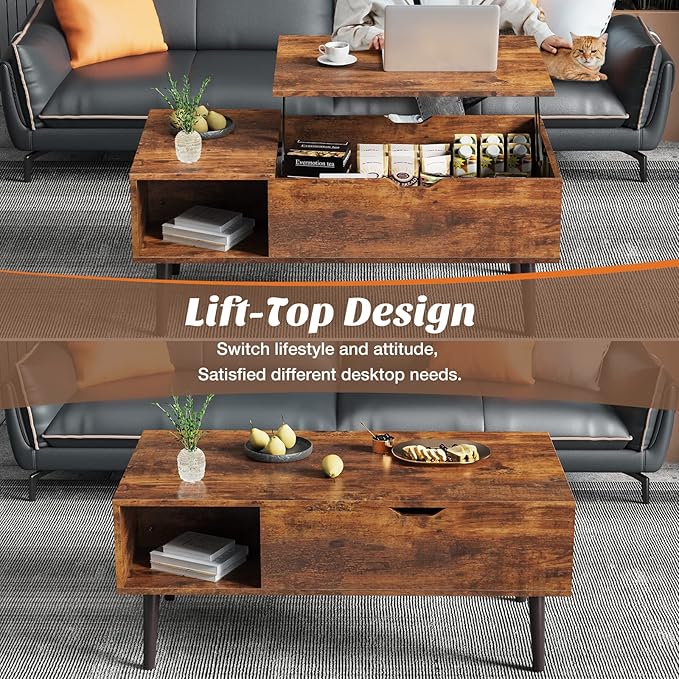 Sweetcrispy Wood Coffee Table Lift Top Coffee Tables for Living Room Office, Small Rising Wooden Center Tables with Large Storage Shelf and Hidden Compartment, Brown | Lift Top