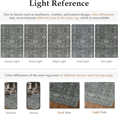 8x10 Washable Area Rug for Living Room Bedroom Vintage Black Grey Non Slip Carpet Traditional Retro Soft Low Pile Large Throw Rug for Dining Room Kitchen Office Indoor