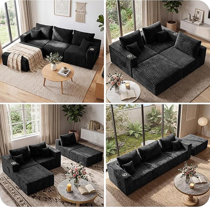 104'' L-Shaped Cloud Modular Sectional Sofa, Modern Corduroy Memory Foam Couch with Cup Holders, Upholstered Boneless Deep Seat Fluffy 3-Seater Sofa with Ottoman, No Assembly Needed, Black