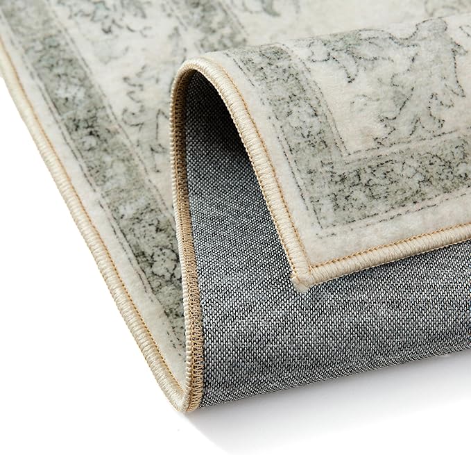 PureCozy Green Area Rug 5x7 Washable Living Room Carpet Vintage Non Slip Soft Bedroom Indoor Office Retro Low Pile Thin Oriental Medallion Large Rug for Dining Room Bathroom Kitchen