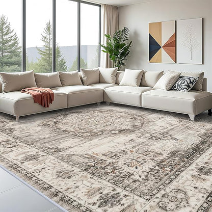 YOUFORTONG 12x15 Area Rug Washable：Large Living Room Area Rugs - Machine Washable Stain Resistant Rug - Soft Low Pile Carpet for Bedroom Dining Room 12'x15' Beige