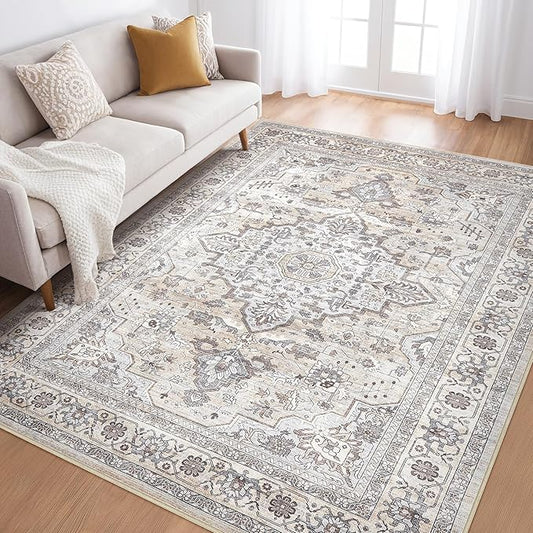6x8 Area Rug Living Room: Washable Boho Large Neutral Vintage Soft Rugs Stain Resistant Farmhouse Non Slip Indoor Floor Carpet for Bedroom Nursery Kids Playroom Office Dining Room Home- Ivory Gray