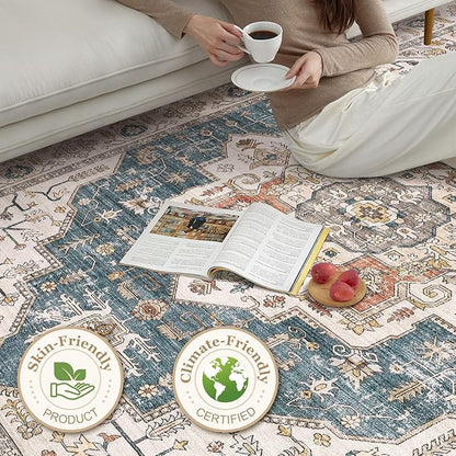 Area Rug 10x14 Washable Vintage - Soft Traditional Rug for Living Room Bedroom Dining Room or Home Office -Non Slip Backing Large Rugs with Low Pile Farmhouse Oriental Retro Carpet - Blue