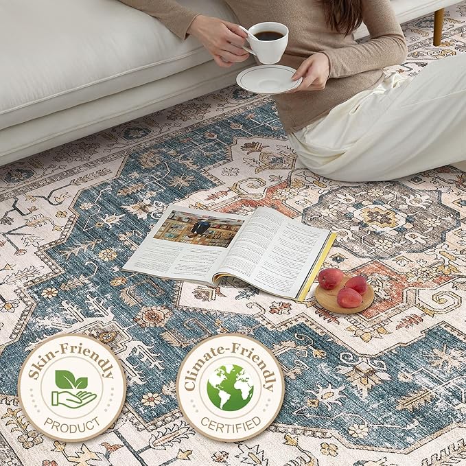 Area Rug 5x7 Washable Vintage - Soft Traditional Rugs for Living Room Large Non Slip Backing with Low Pile Farmhouse Oriental Retro Carpet for Bedroom Dining Room or Home Office - Blue