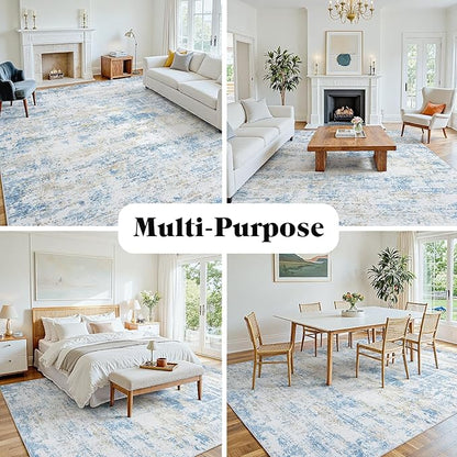 Area Rug 5x7 Living Room Rug Washable: No-Slip Abstract Soft Thin Large Blue White Gold-Beige Rugs, Indoor Floor Stain Resistant Modern Carpet for Bedroom Dining Room Farmhouse Nursery Home Office
