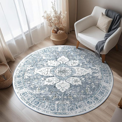 BESTSWEETIE 4ft Area Rug Washable Rugs for Living Room, No Pile Boho Carpet for Entryway Bedroom Dinning Room, Vintage Carpet Print Distressed Non-Slip, 48" Round, Blue Grey White