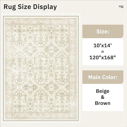 Soalmost 10x14 Area Rugs for Living Room, Non Slip Machine Washable Vintage Rugs, Low Pile Lightweight Large Rug for Bedroom, Dining Room, Home Office Beige/Brown