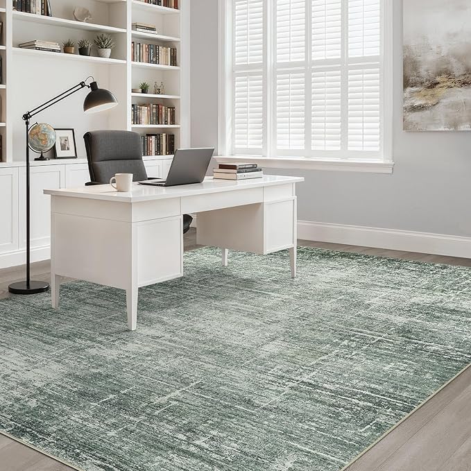 10x12 Area Rug Living Room: Washable Large Neutral Rugs Abstract Soft Modern Stain Resistant Indoor Floor Non-Slip Carpet for Bedroom Nursery Kids Office Playroom Dining Room Under Table- Dark Green