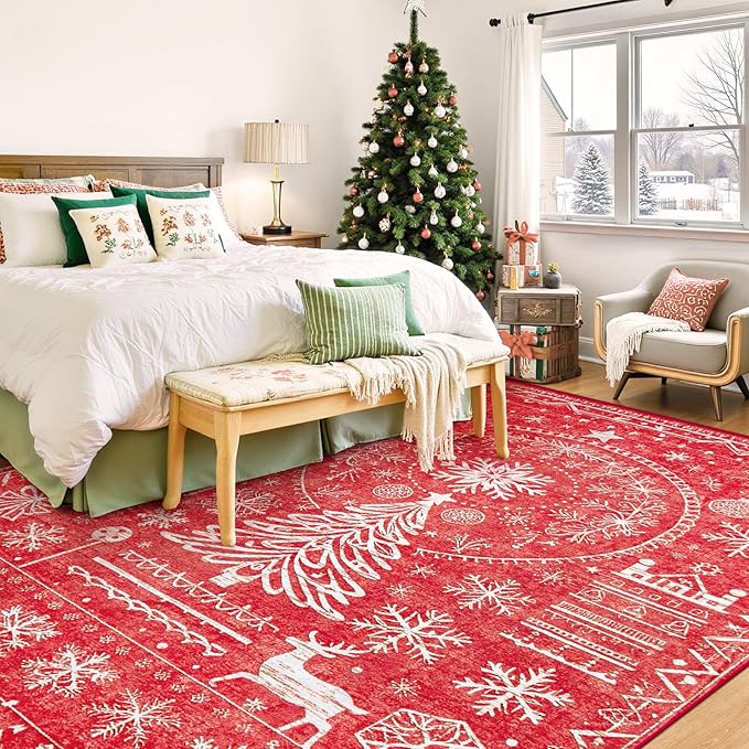 Christmas Area Rug for Living Room 8x10: Large Washable Xmas Rugs Boho Moroccan Holiday Rug Soft Non Slip Carpet for Bedroom Dining Room Home(Xmas Red, 8'X10')