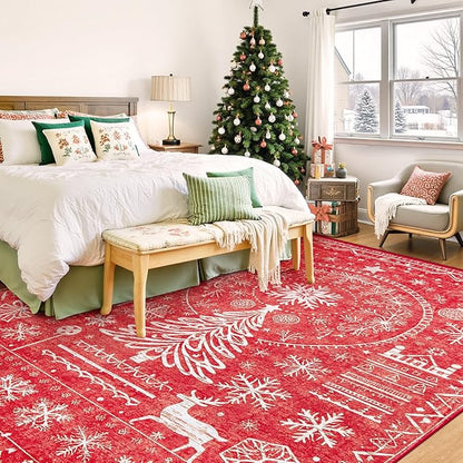 Christmas Area Rug for Living Room 8x10: Large Washable Xmas Rugs Boho Moroccan Holiday Rug Soft Non Slip Carpet for Bedroom Dining Room Home(Xmas Red, 8'X10')