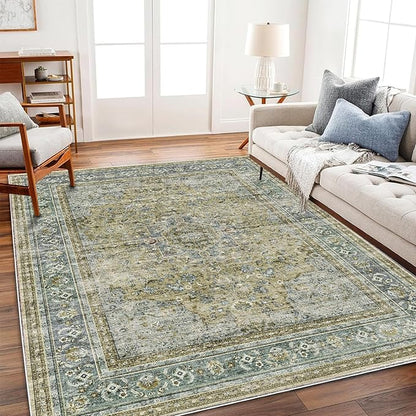CHAMPLANT Washable Area Rug 4'x6' Traditional Floor Cover Foldable Thin Rugs Retro Kitchen Indoor Distressed Non Slip Carpet Floral Print Mat Bedroom Living Room