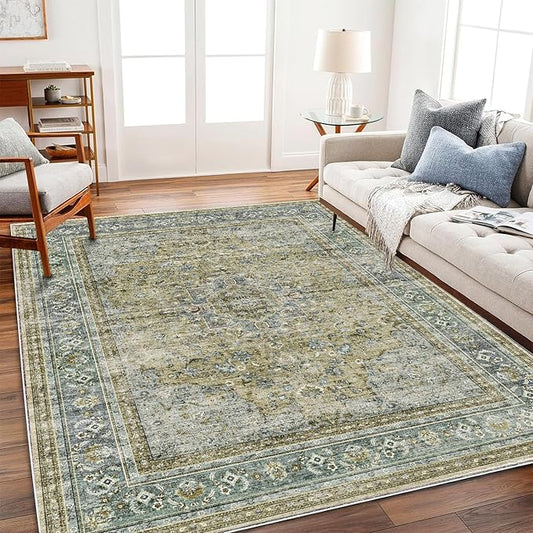CHAMPLANT Washable Area Rug 4'x6' Traditional Floor Cover Foldable Thin Rugs Retro Kitchen Indoor Distressed Non Slip Carpet Floral Print Mat Bedroom Living Room