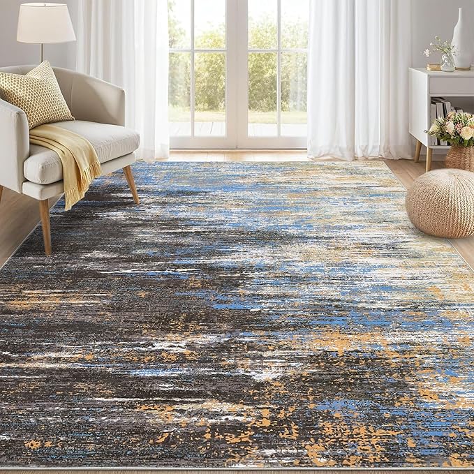 ROYHOME Washable Rug 9x12 Area Rug for Living Room, Non Slip Abstract Rug for Bedroom, Ultra Soft Area Rug, Low Pile Soft Contemporary Indoor Floor Carpet Cover, Blue/Brwon