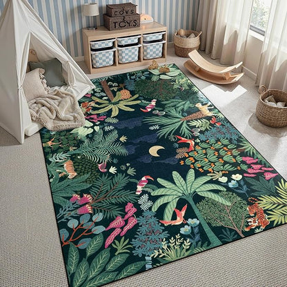 LIVEBOX Washable Jungle Dark Green Rug 5x7 for Living Room, Non-Slip Kids Bedroom Aesthetic Rug for Boy Play Room, Soft Stain Resistant Botanical Rugs for Nursery Dining Decor