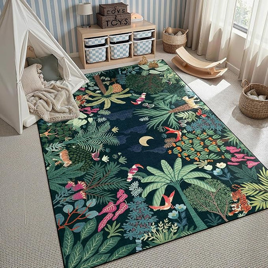 LIVEBOX Washable Jungle Dark Green Rug 5x7 for Living Room, Non-Slip Kids Bedroom Aesthetic Rug for Boy Play Room, Soft Stain Resistant Botanical Rugs for Nursery Dining Decor