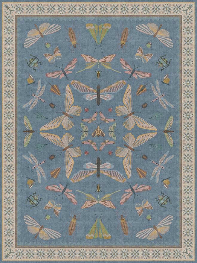 Hazo Haus 6x8 Blue Floral Area Rug for Living Room, Bedroom & Dining Room Table, Washable Non Slip Lightweight Foldable Carpet with Art Nouveau Insect Moth Design