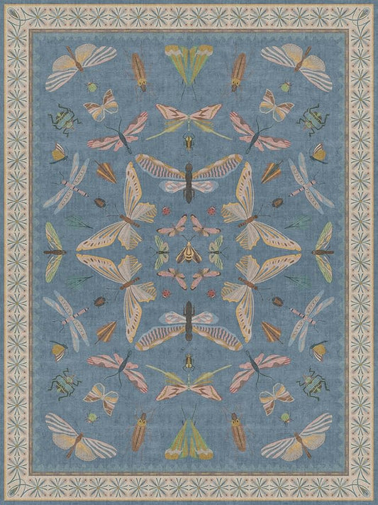 Hazo Haus 6x8 Blue Floral Area Rug for Living Room, Bedroom & Dining Room Table, Washable Non Slip Lightweight Foldable Carpet with Art Nouveau Insect Moth Design
