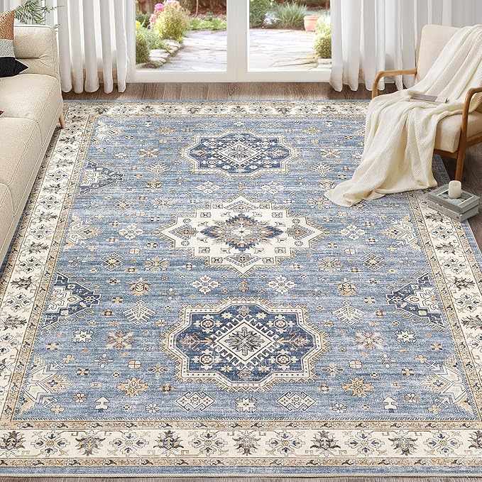 EIEIHOUSE Washable Area Rugs for Living Room -7x10 Neutral Vintage Distressed Floral Farmhouse Boho Large Soft Floor Rug Indoor Non Slip Carpet for Living Room Bedroom Dining Room Office - Blue