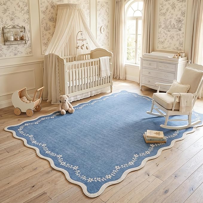GarveeHome 4x6 Blue Scalloped Washable Area Rug for Nursery Room, Solid Floral Soft Bedroom Rug Non Slip Low Pile Small Carpet Stain Resistant Throw Rug for Dorm Kids Room Office Dining Room