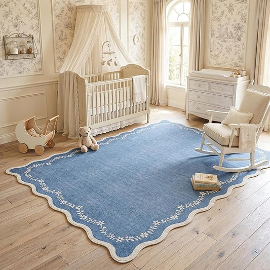 GarveeHome 4x6 Blue Scalloped Washable Area Rug for Nursery Room, Solid Floral Soft Bedroom Rug Non Slip Low Pile Small Carpet Stain Resistant Throw Rug for Dorm Kids Room Office Dining Room