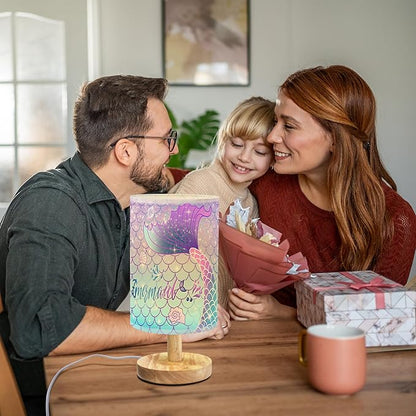 Rainbow Scales Mermaid Bedside Table Lamp for Bedroom with USB Port, Cute Cozy Kids Nightstand Lamp with Wood Base Polyester Fabric Shade for Living Room Dorm Desk (Rainbow02)