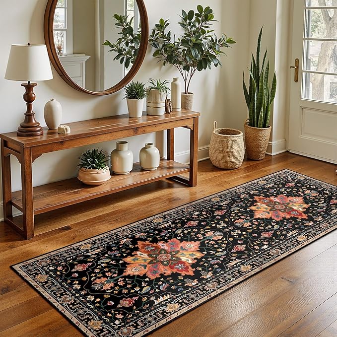 RELEANY Area Rugs 2'x5' Runner Rug Non Slip Washable for Kitchen Hallway Bedroom Beside Laundry Room Bathroom Rug, Floor Carpet, Black Colorful Floral Dark Tan