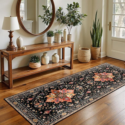 RELEANY Area Rugs 2'x5' Runner Rug Non Slip Washable for Kitchen Hallway Bedroom Beside Laundry Room Bathroom Rug, Floor Carpet, Black Colorful Floral Dark Tan
