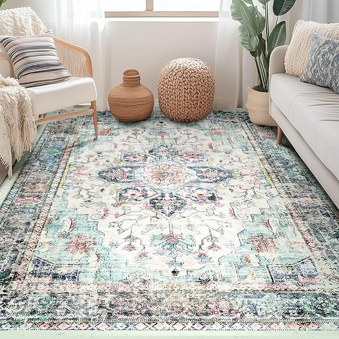 BESTSWEETIE 5x7 Area Rug Washable Rugs for Living Room, No Pile Boho Carpet for Entryway Bedroom Dinning Room, Vintage Carpet Print Distressed Non-Slip, 5 x 7 ft, Multi Navy Teal